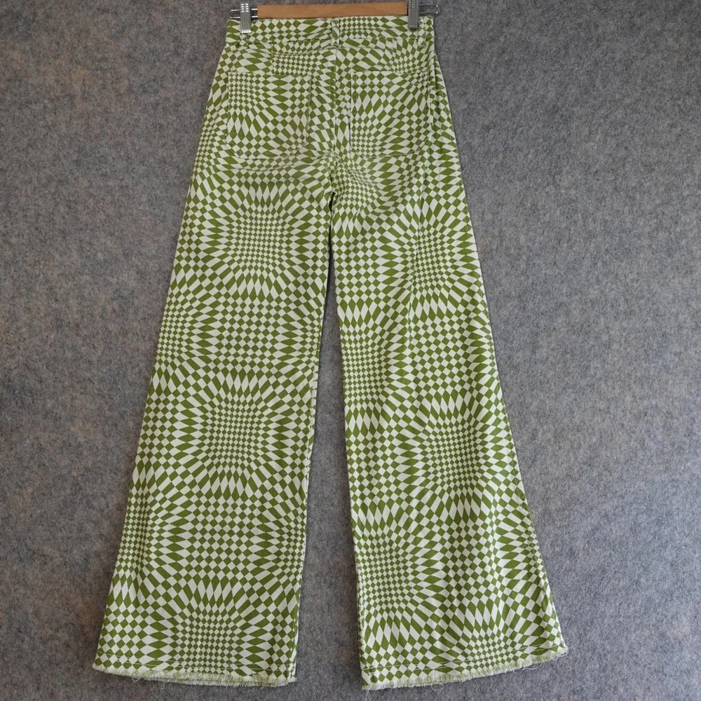 Psychedelic Printed Pants 34 Green Optical Illusion Check Wide Leg Pants Rave - Picture 2 of 9